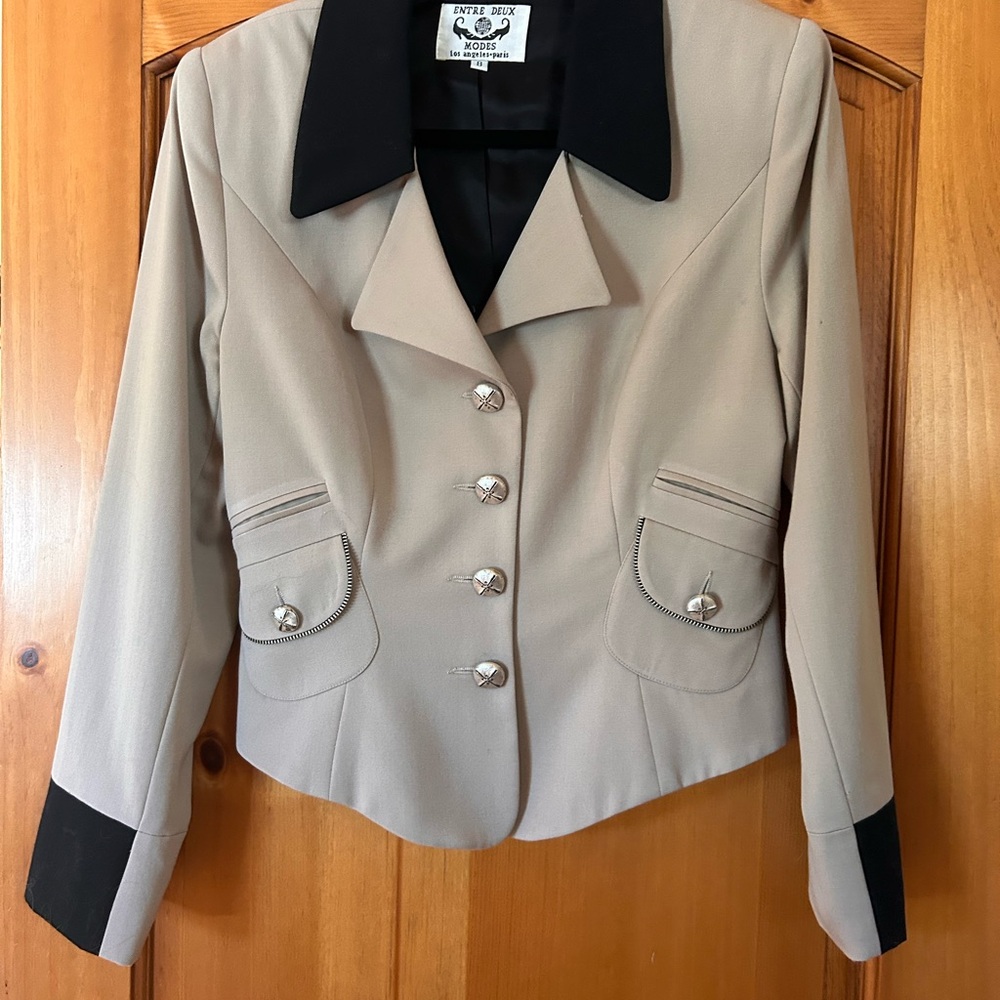 French Beige Women's Blazer with Black Accents and Silver Buttons